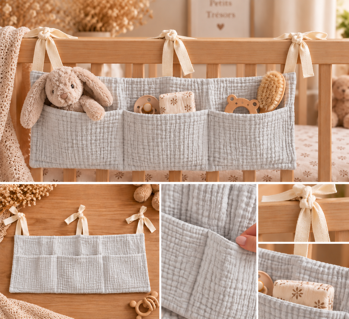 Rangement de lit ou parc bébé en gaze de coton - gris universel 🖤 39x20cm