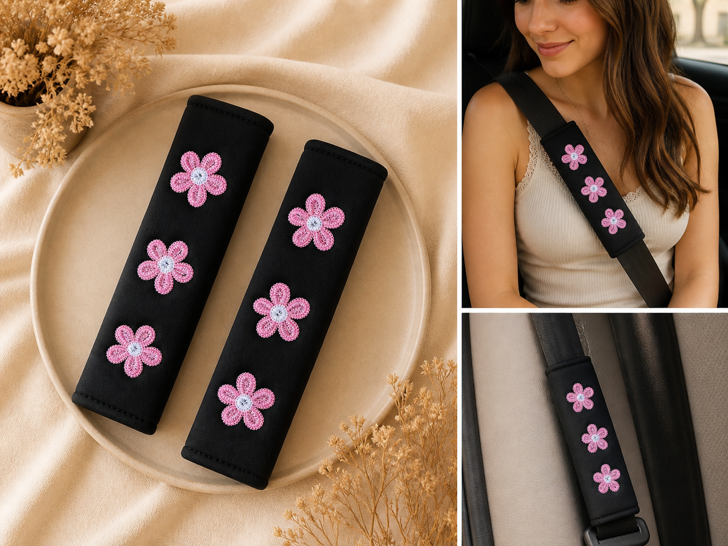 Protège ceinture voiture fleuri – Lot de 2 🚗