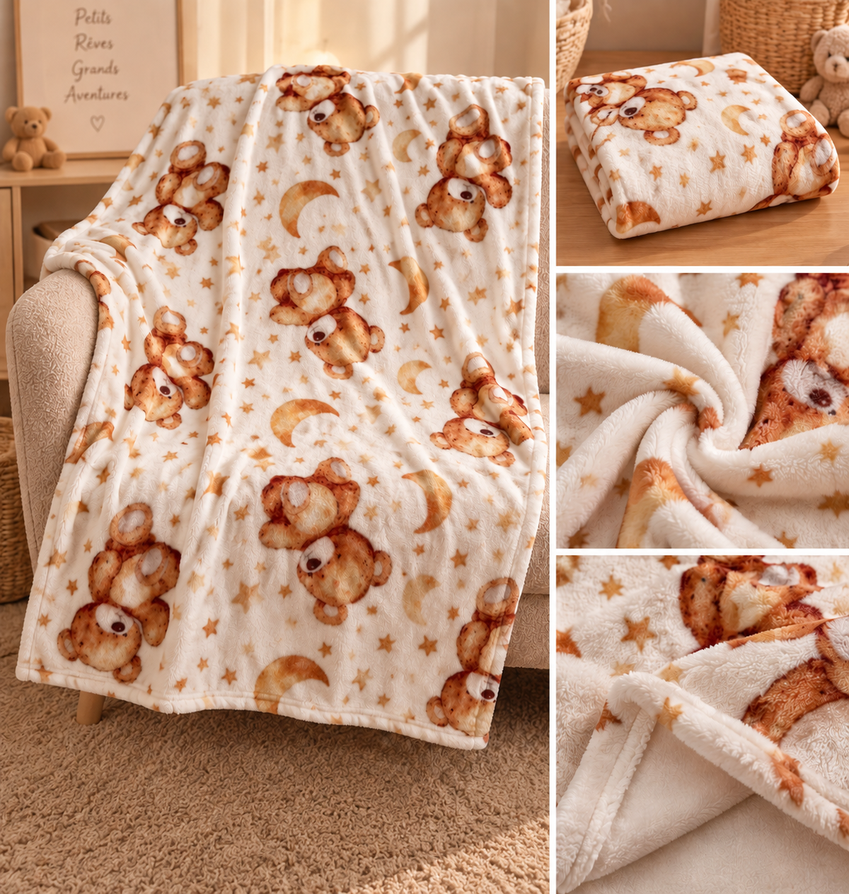 Plaid bebe Ourson & lunes - Couverture douce 70x100cm đ»