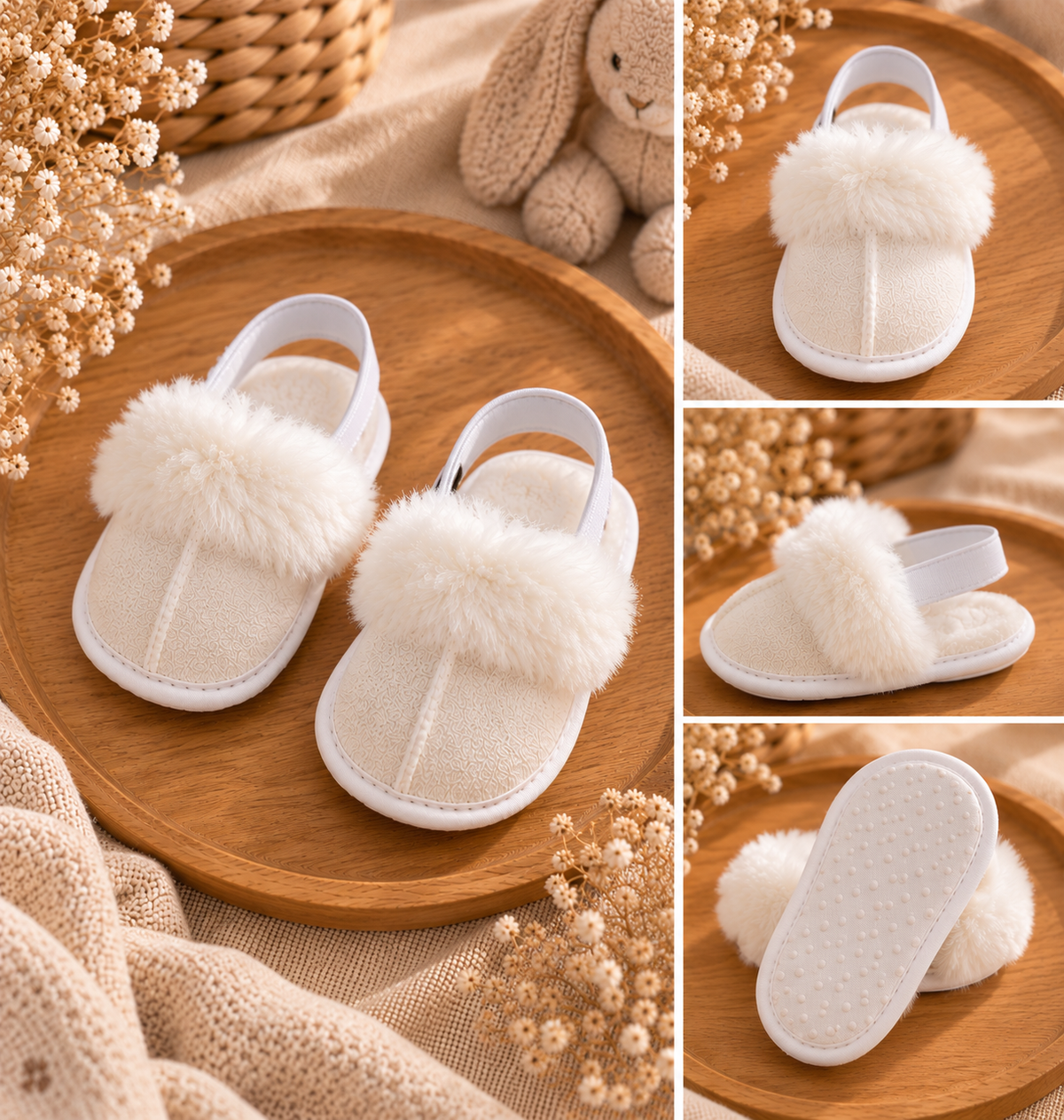 Chaussons écru fausse fourrure + élastique bébé- mixte 🖤