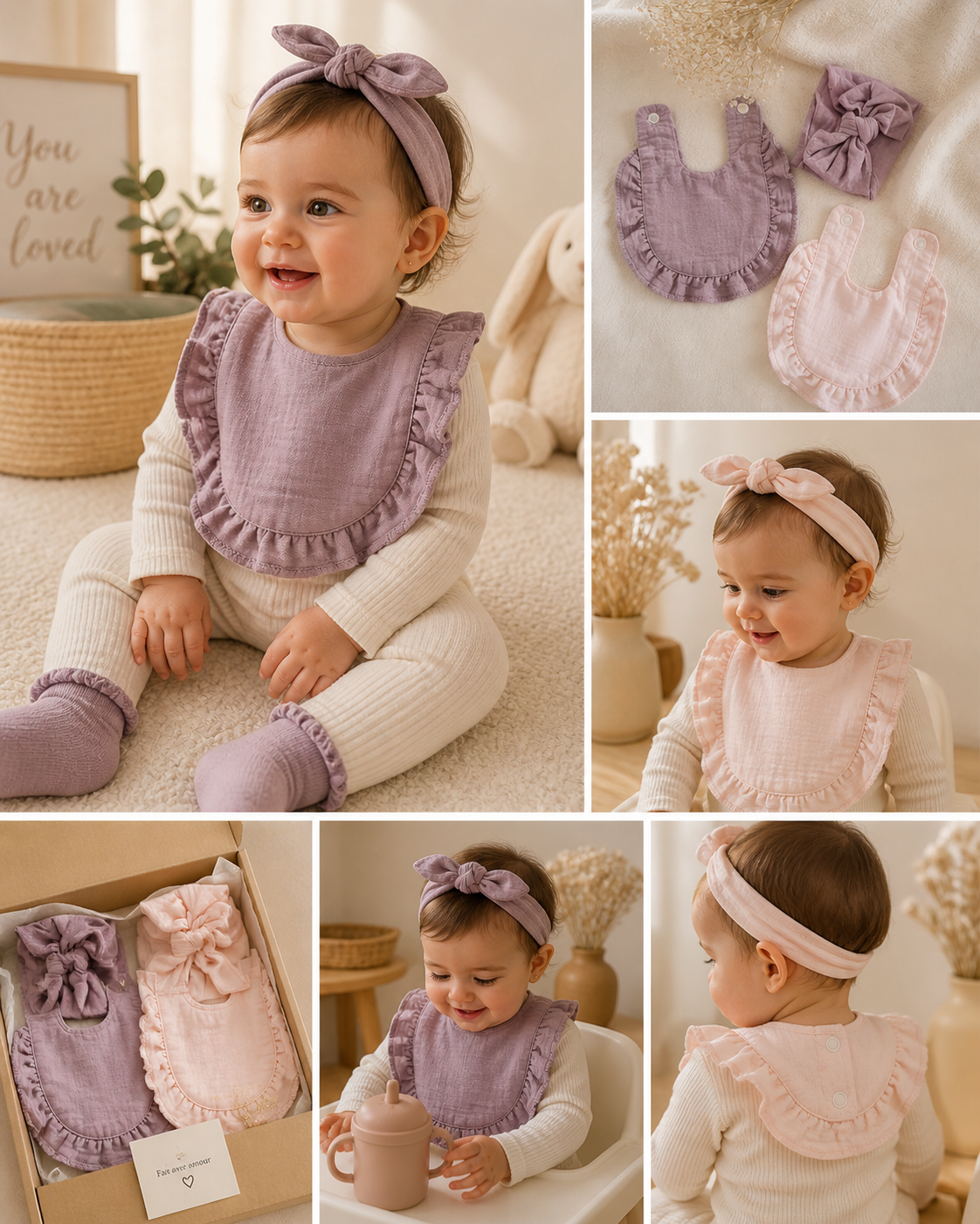 Ensemble bavoir & bandeau bébé – Taille unique (0 à 24 mois) 🎀