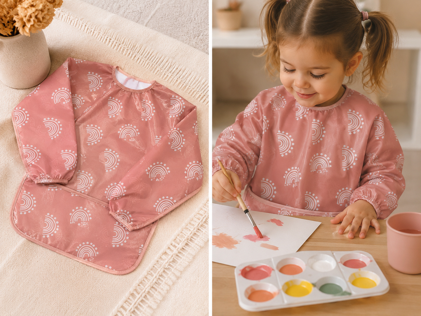 🎨 Blouse de Peinture Enfant Rose – Imperméable Arc-en-Ciel 24mois/4ans✨