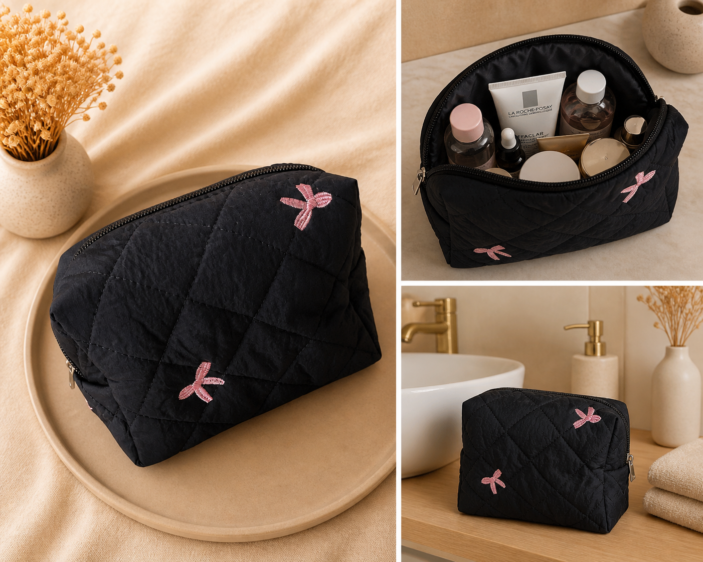 Trousse de maquillage matelassée noire 🎀