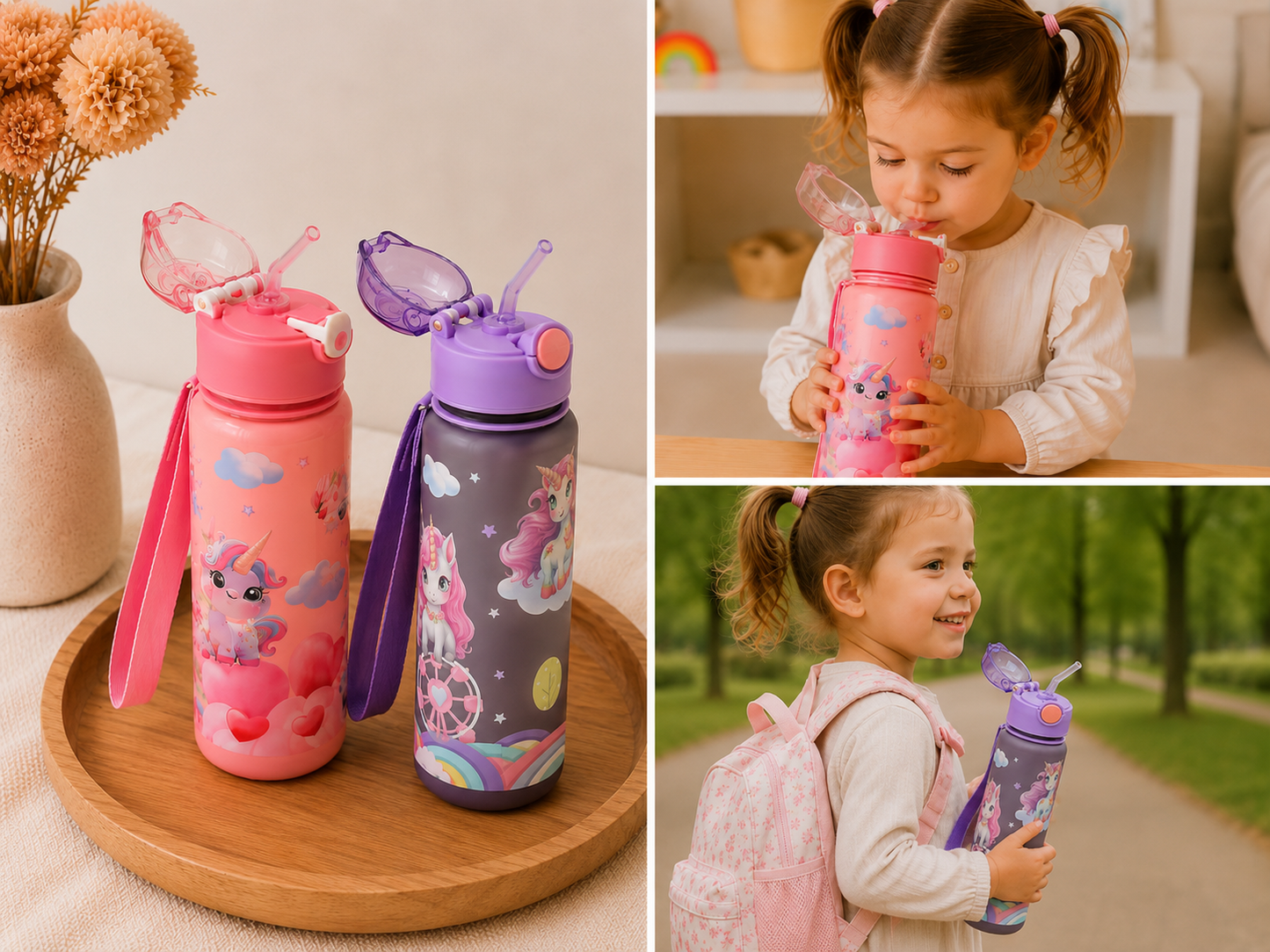 Gourde Enfant avec Paille – Licorne 🦄 rose-violette