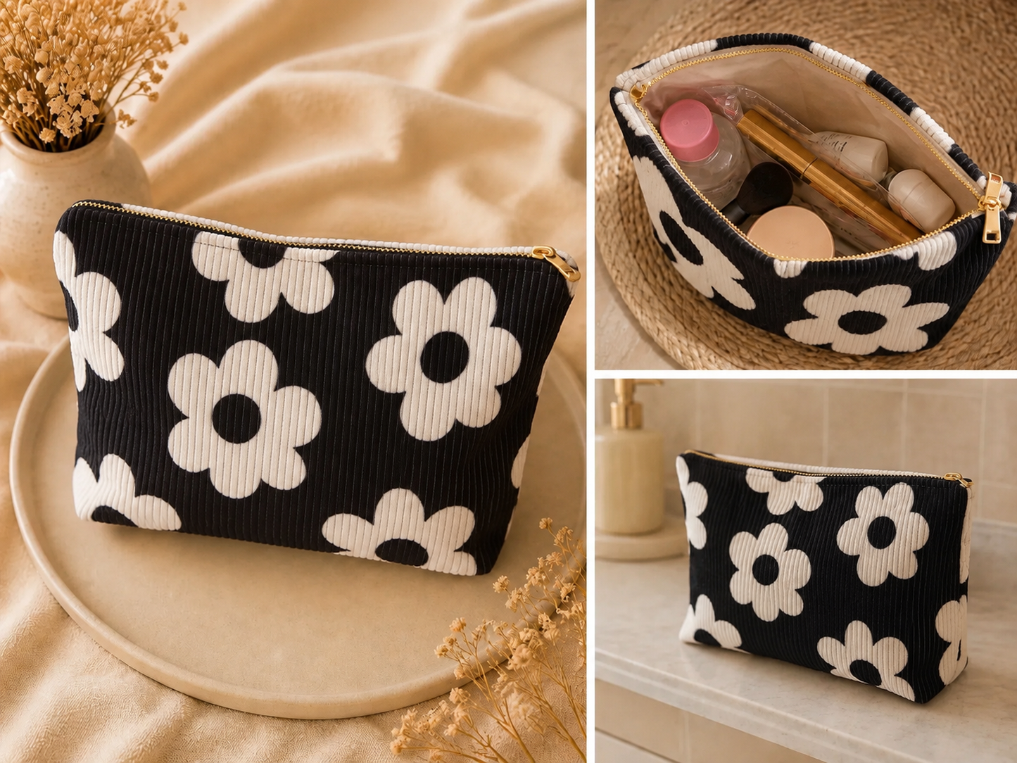 Trousse de maquillage ou toilette - marguerites noir & blanches 🌼
