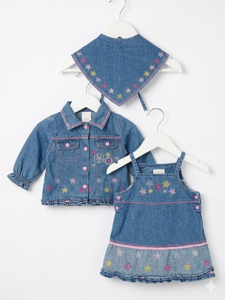 Ensemble bébé fille 3 pièces Fleuri – Veste, Robe Tablier et Bavoir Assorti - 18 mois - Kimbaloo