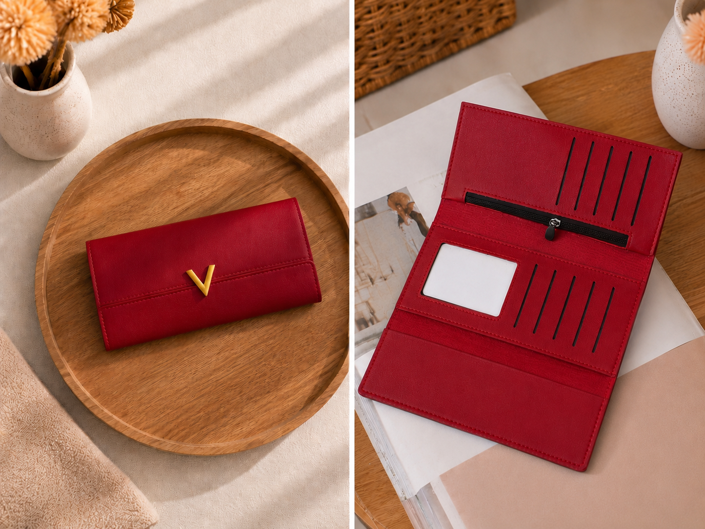 Portefeuille Élégance Rouge – Grande Capacité & Détails Dorés ❤️✨