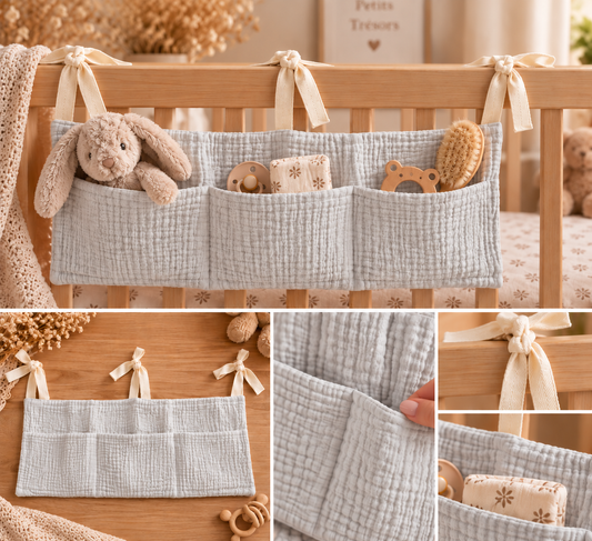 Rangement de lit ou parc bébé en gaze de coton - gris universel 🖤 39x20cm