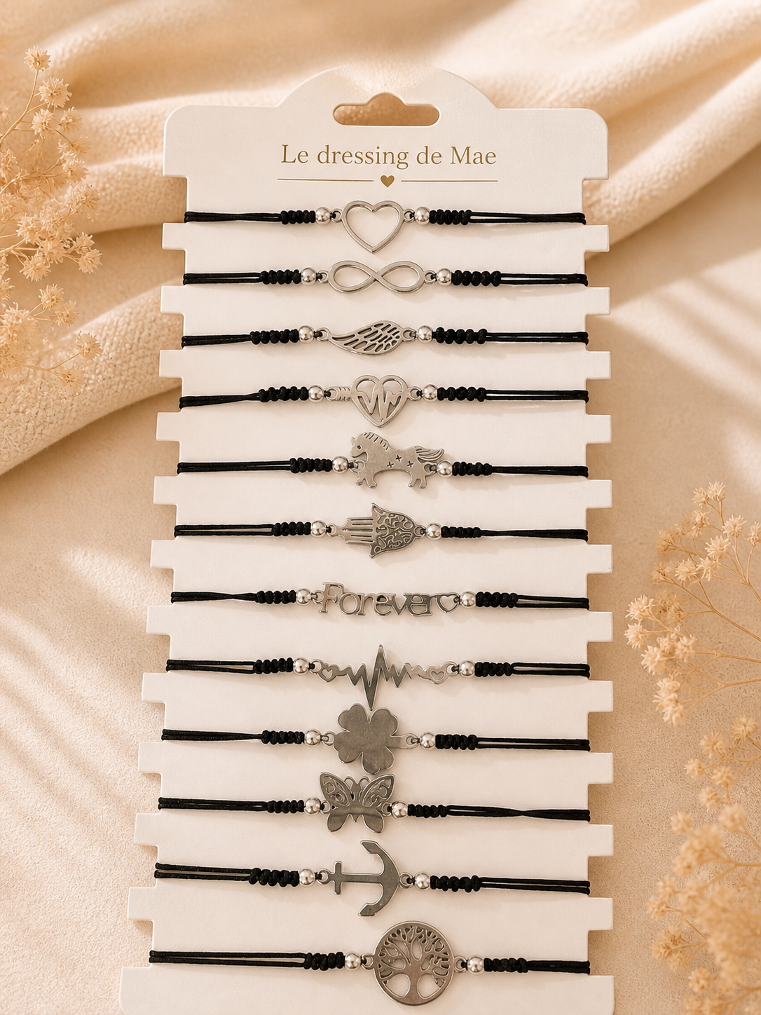 Bracelets réglables avec breloques argentées ✨ 🖤