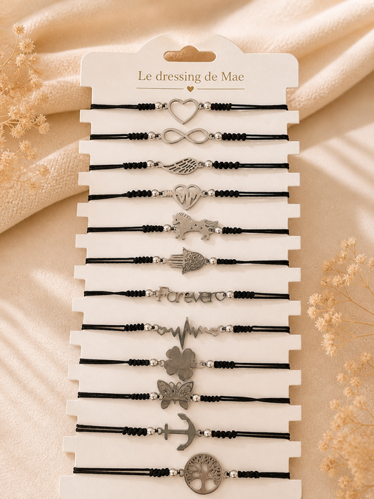 Bracelets réglables avec breloques argentées ✨ 🖤