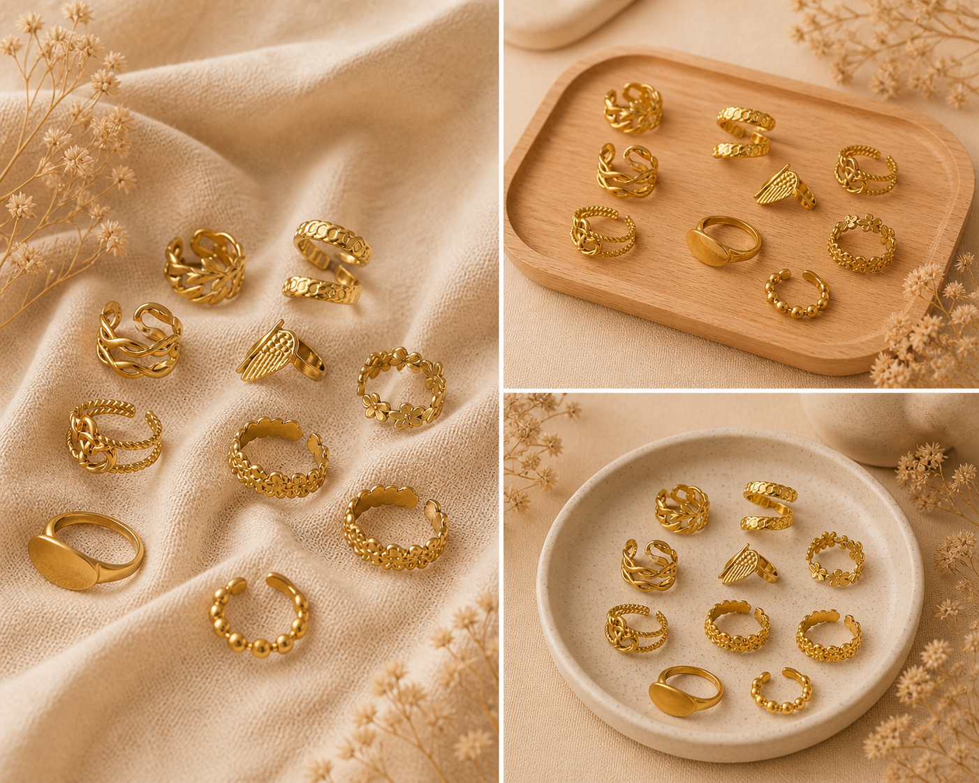 Collection de bagues ajustables dorées en acier inoxydable ✨