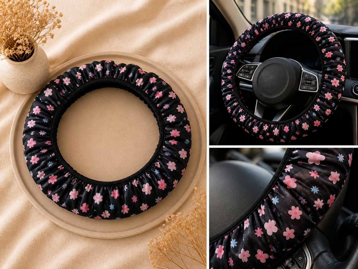 Couvre volant voiture fleuri – Taille universelle 🌸