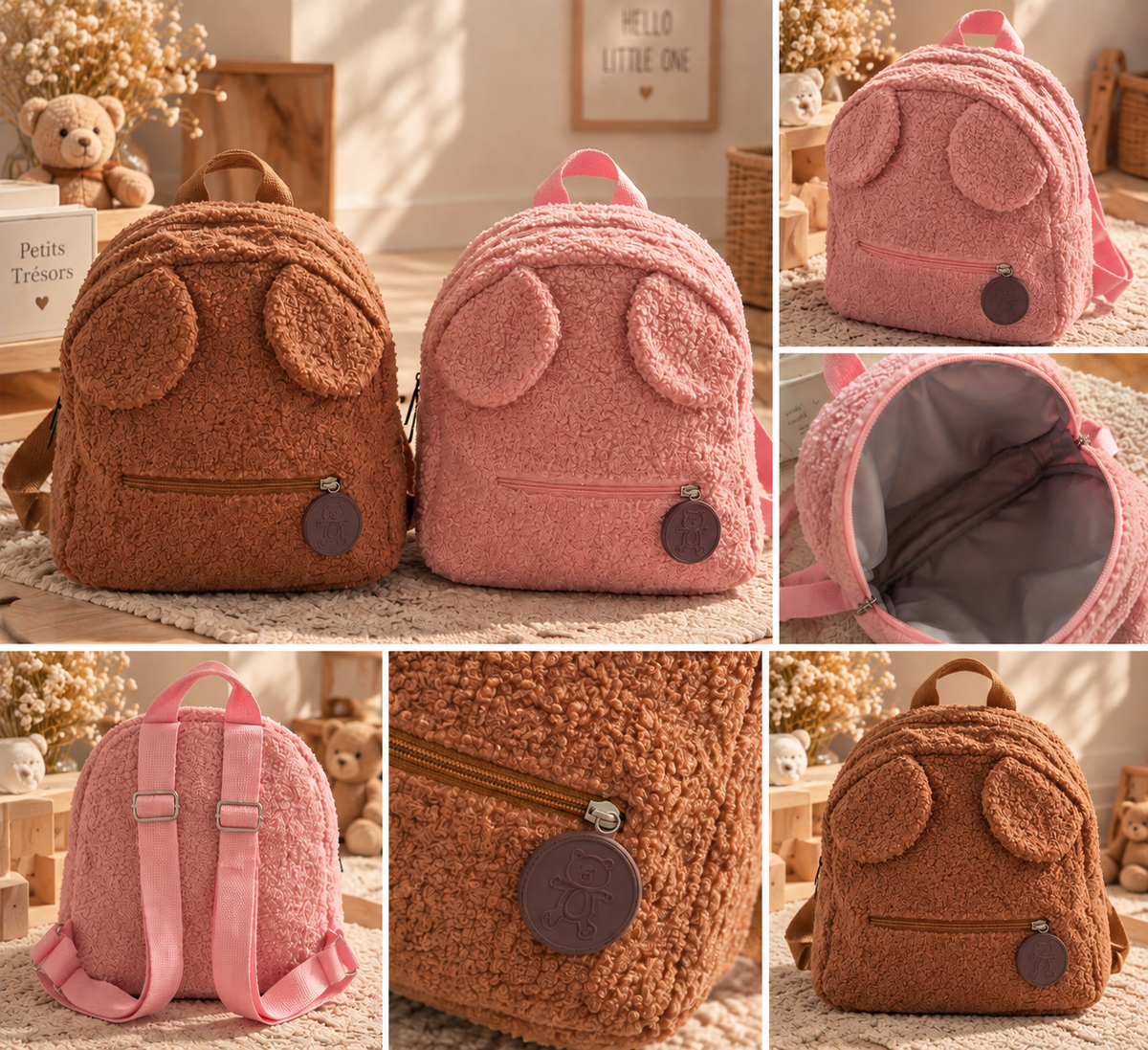 Sac à dos en bouclette enfant rose ou marron 🧸