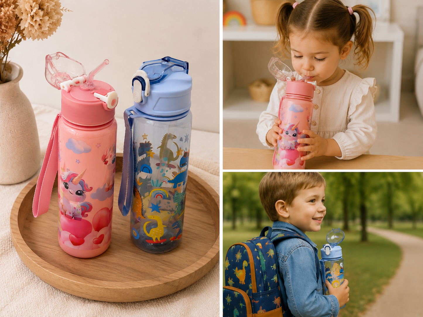 Gourde Enfant avec Paille – Licorne & Dino ✨🦄🦖