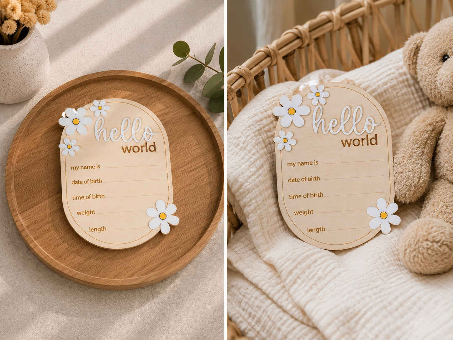 Plaque de Naissance Bébé “Hello World” en Bois ✨🌼