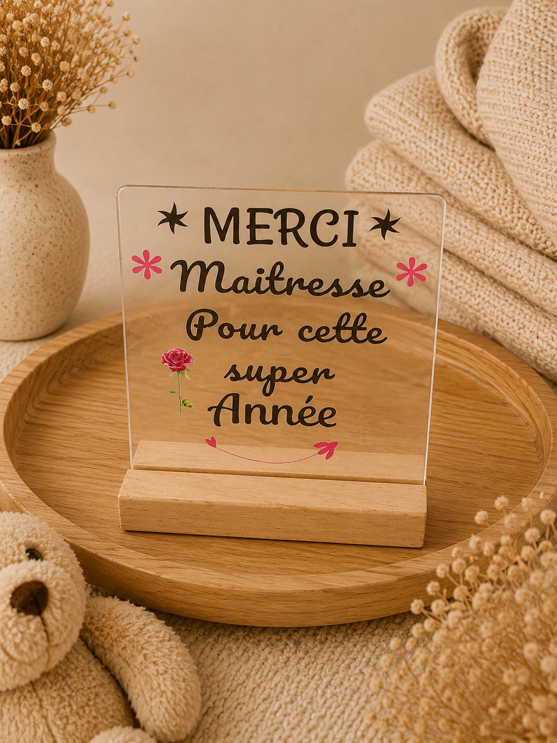 🌟 Plaque de Remerciement Personnalisée en Acrylique avec Support en Bois