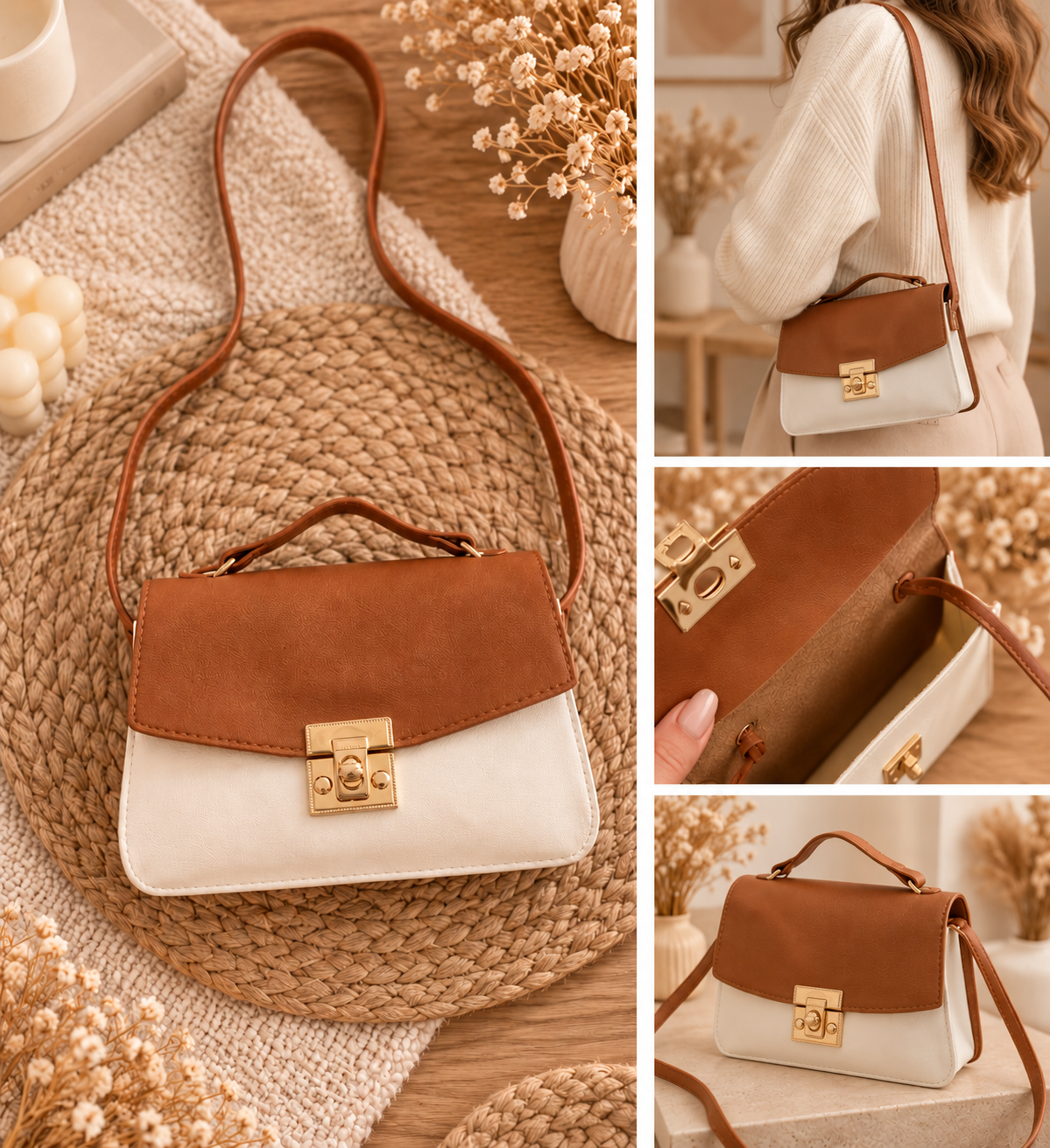 Petit sac à main femme bicolore – Camel & Blanc 🤎🤍