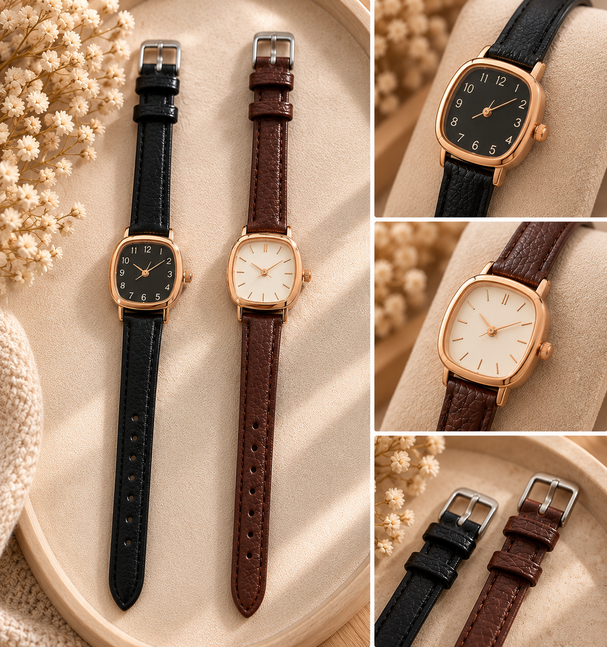 Montre carrée minimaliste - Noir ou marron - cuir PU - femme 🖤