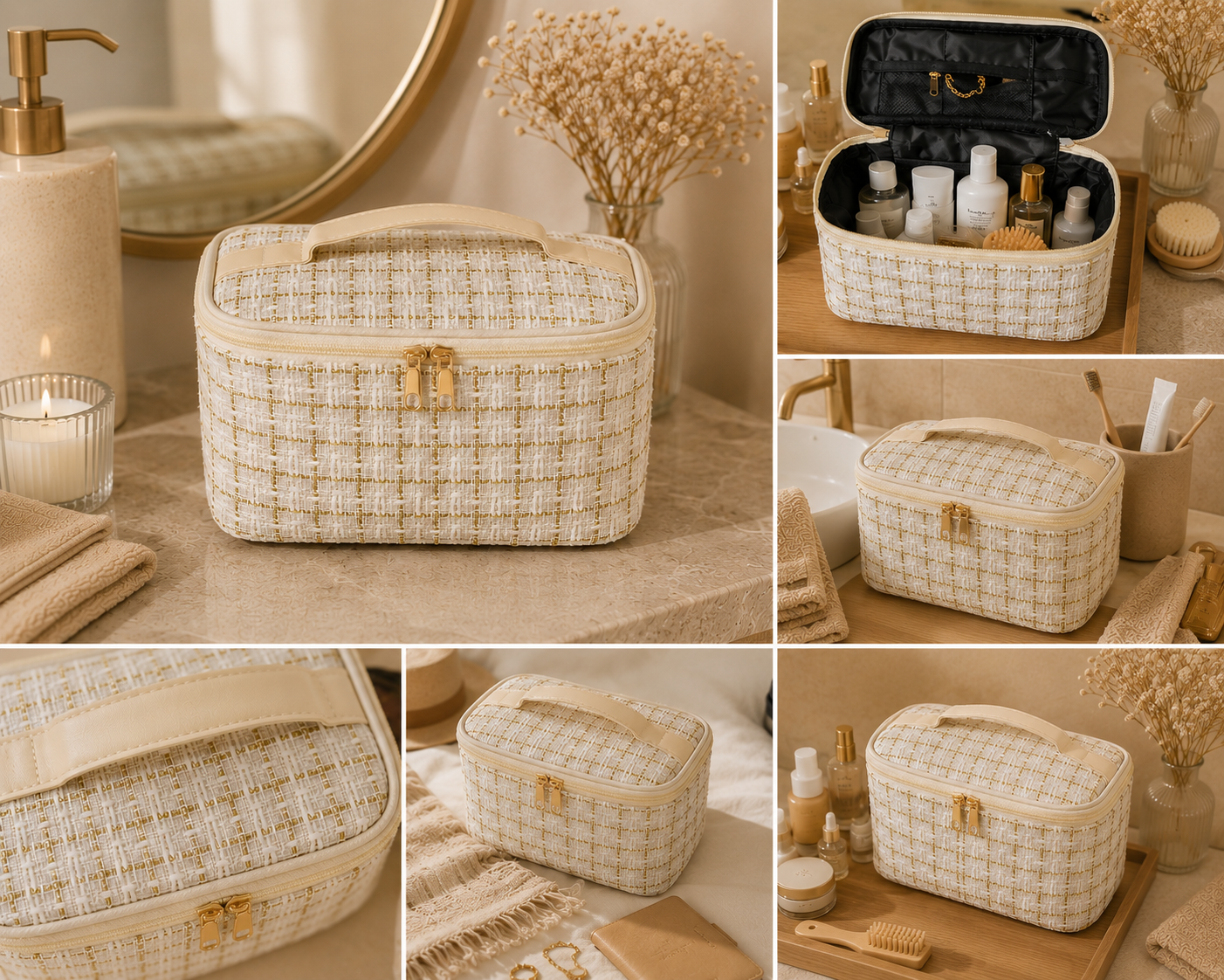 Trousse de toilette élégante beige & dorée ✨