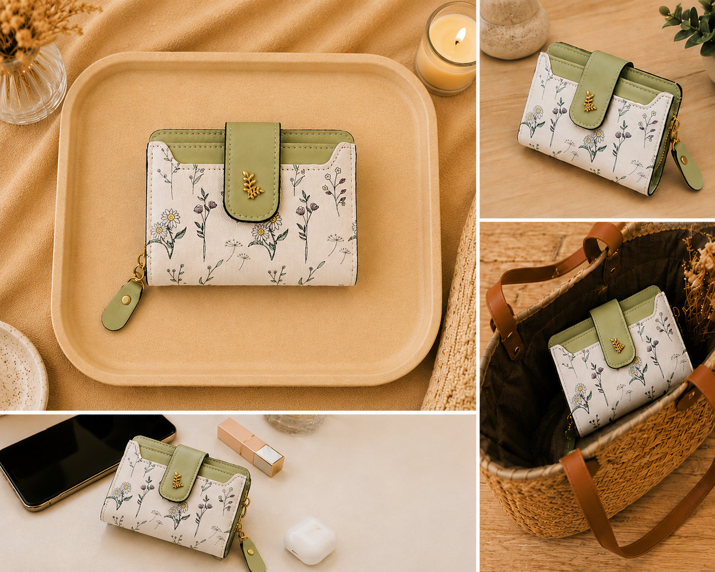 Petit portefeuille fleuri élégant 🌿🤍