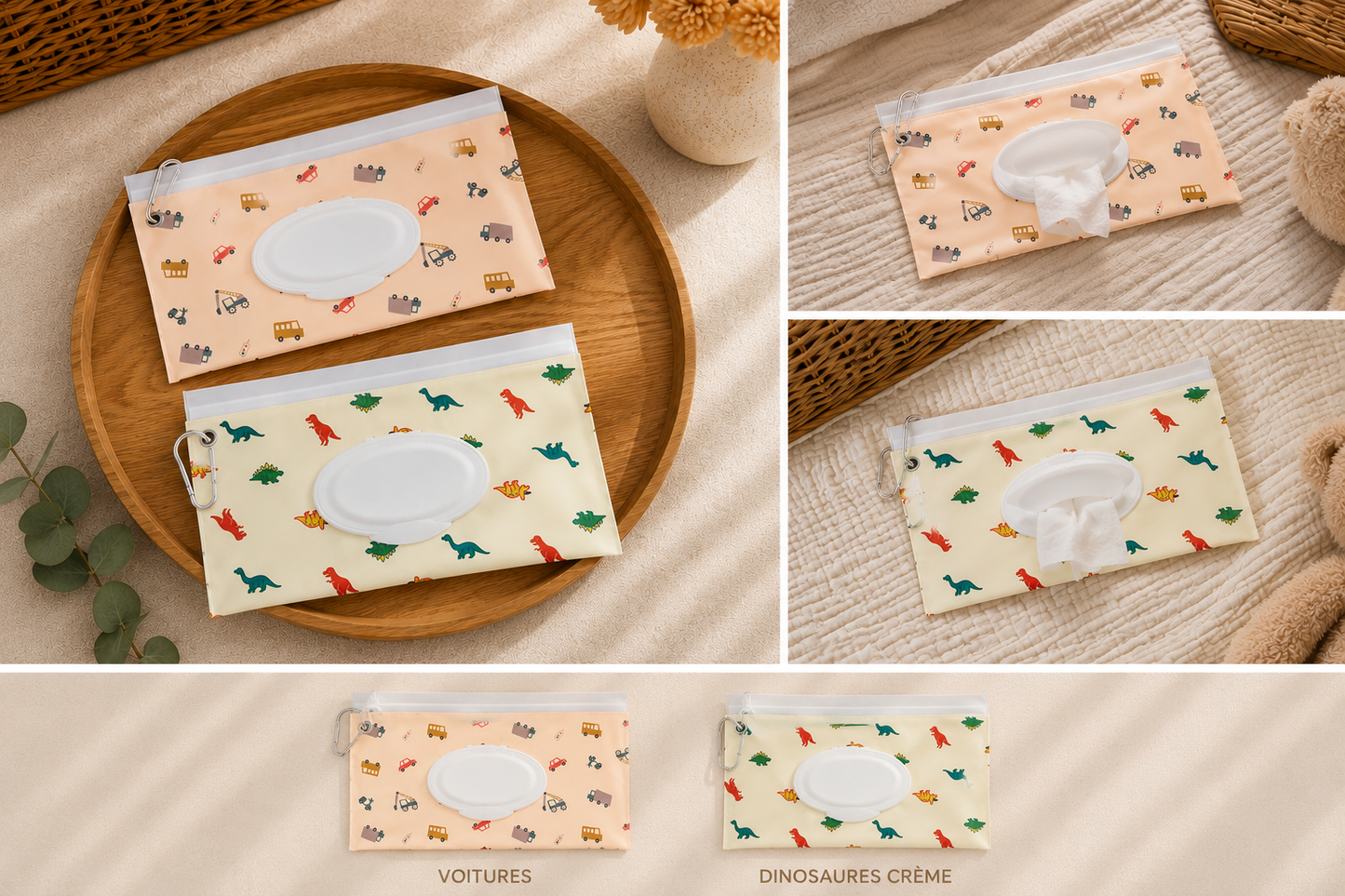 Pochette Lingettes Bébé Réutilisable – Voitures & Dinosaures 🦖🚗