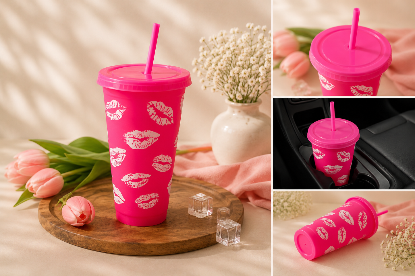 Gobelet réutilisable rose avec paille 💋🌸