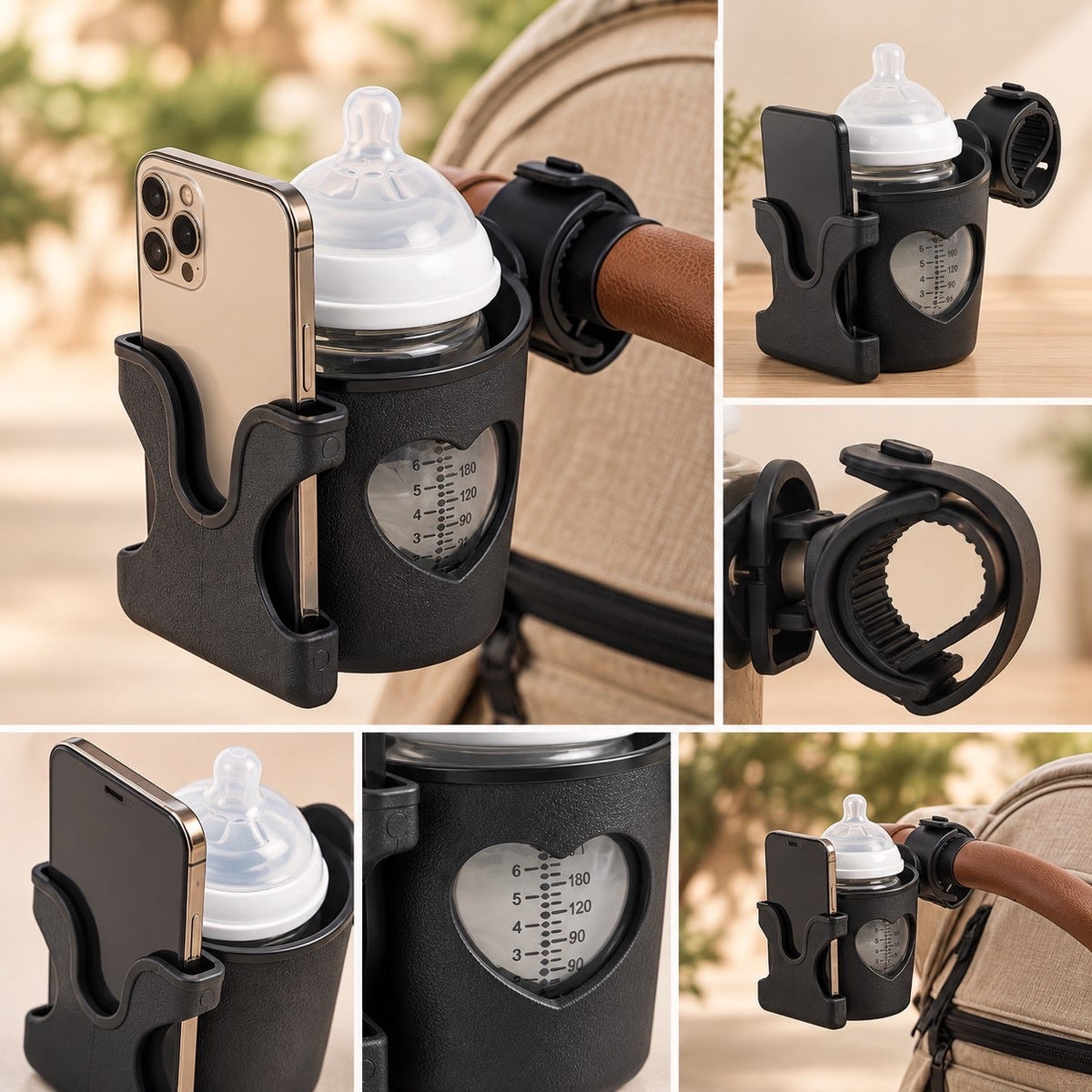 Porte biberon + porte téléphone pour poussette ou trottinette - Universel 🎀