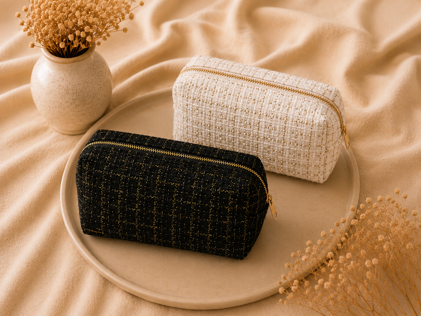 Trousse de Maquillage Chic en Tissu Texturé ✨