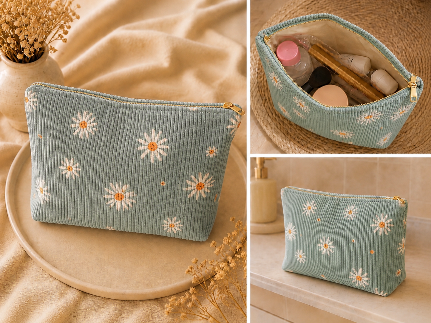 Trousse de maquillage/ toilette en velours côtelé – Motif Marguerites 🌼