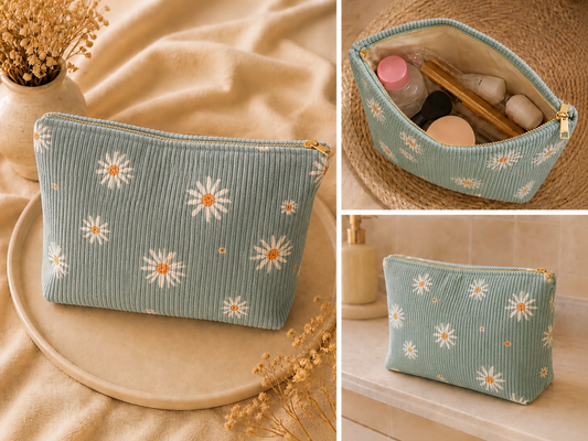 Trousse de maquillage/ toilette en velours côtelé – Motif Marguerites 🌼