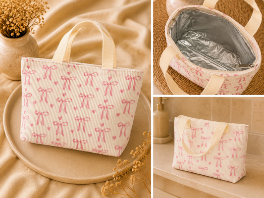 Sac Isotherme Velours Côtelé – Motif Nœuds Roses