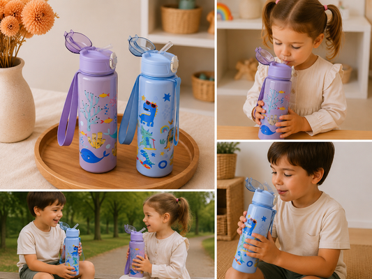 Gourde Enfant avec Paille Intégrée – Motifs Dino & Océan 🦖🐳
