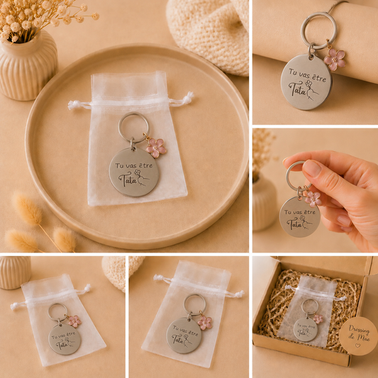 Porte-clés “Tu vas être Tata” avec breloque fleur 🌸