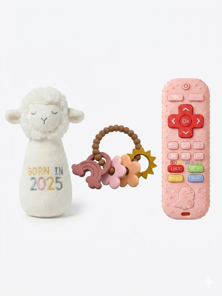 Lot pour Bébé : Peluche Mouton, Anneau de Dentition et Télécommande Éducative - 3 mois et +